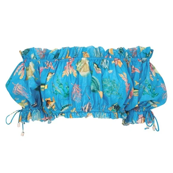 Alemais Otto Fish-Print Textured Cotton Crop Top and Maxi Blue Skirt